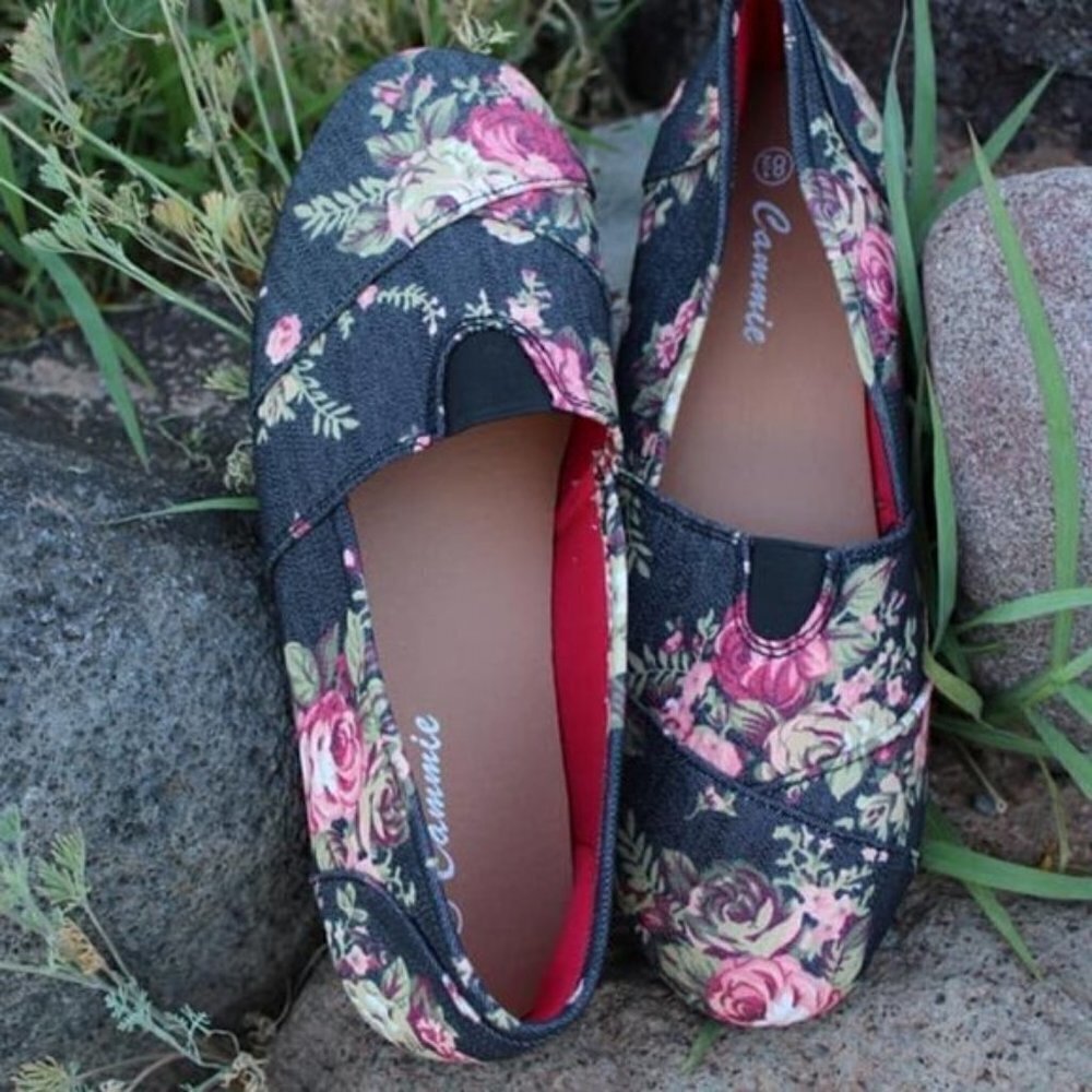Navy Blue Floral Flats Shoes Comfy Flower Slip On